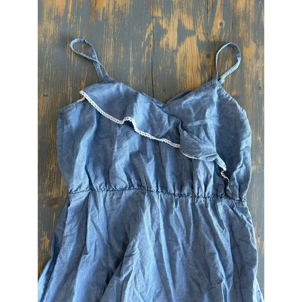 Fire L.A. Chambray V Neck Sleeveless Dress Denim Lace M Cotton